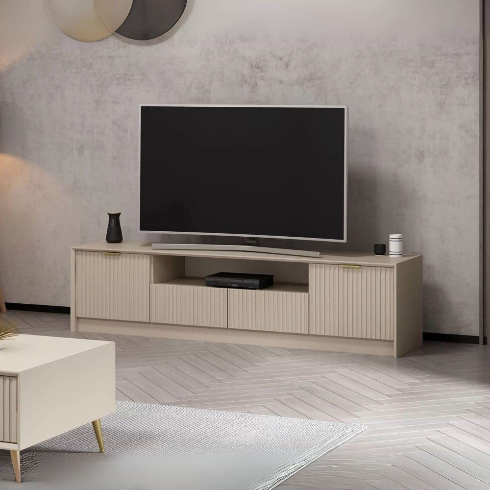 porta tv kale con 4 ante effetto cannettato e nicchia a giorno con maniglie oro, mobile porta TV moderno con ripiani e vani contenitori