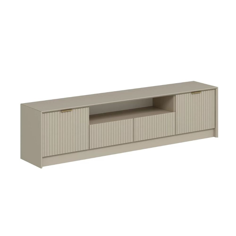 porta tv kale con 4 ante effetto cannettato e nicchia a giorno con maniglie oro, supporto stabile per TV di grandi dimensioni