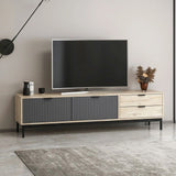 porta tv esta con 2 ante antracite e 2 cassetti rovere sonoma, dettaglio delle ante e finiture in legno naturale