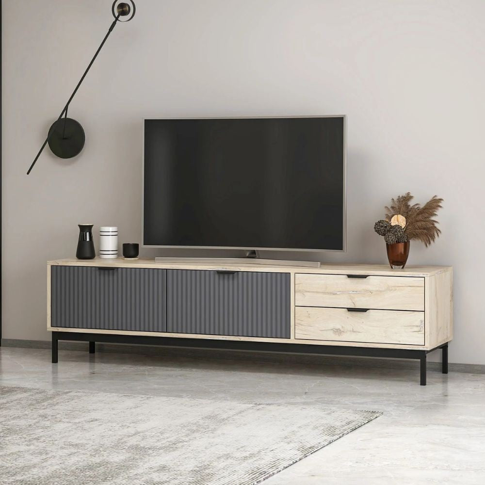 porta tv esta con 2 ante antracite e 2 cassetti rovere sonoma, vista ambientata in soggiorno o zona living