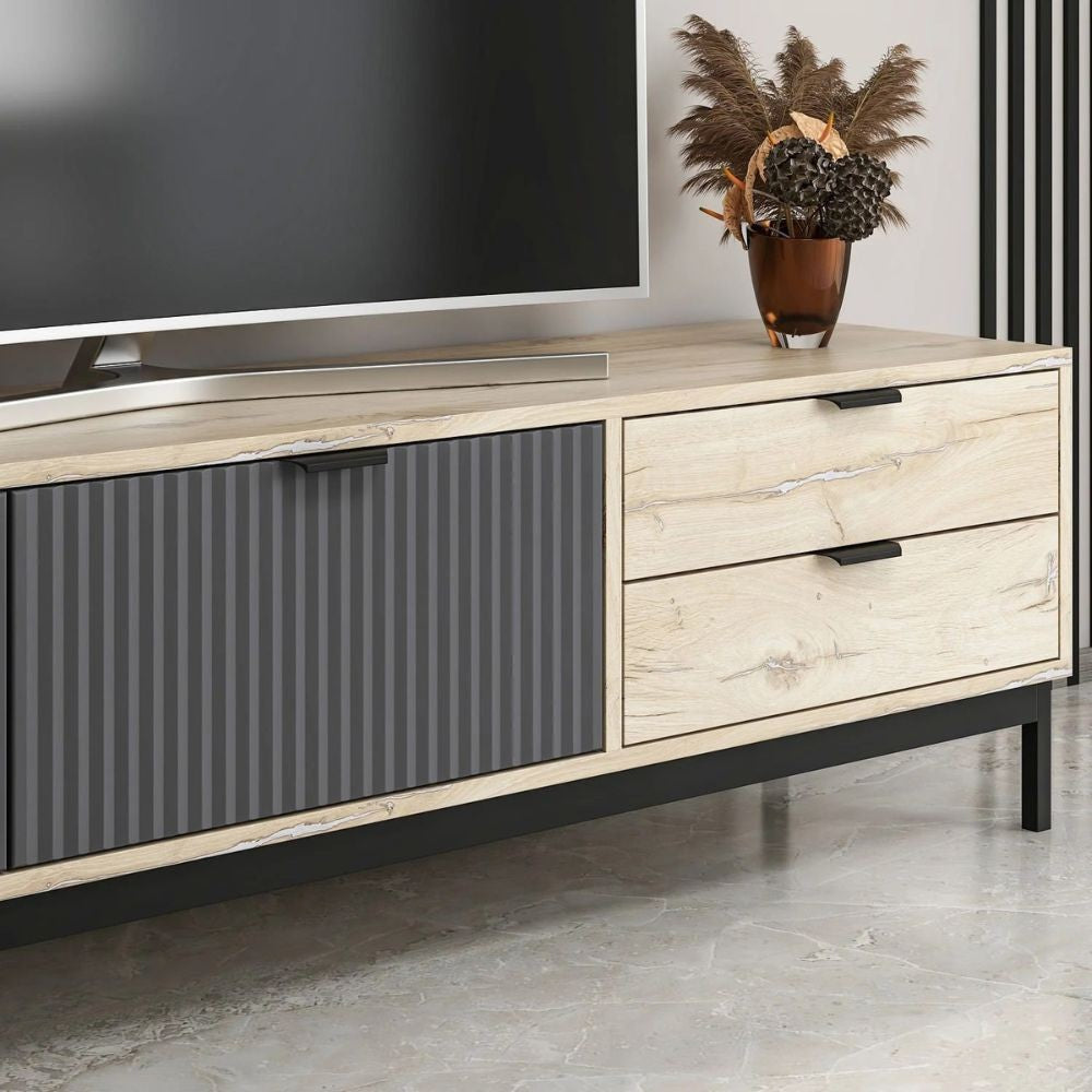 porta tv esta con 2 ante antracite e 2 cassetti rovere sonoma, design elegante per integrare tecnologia e stile