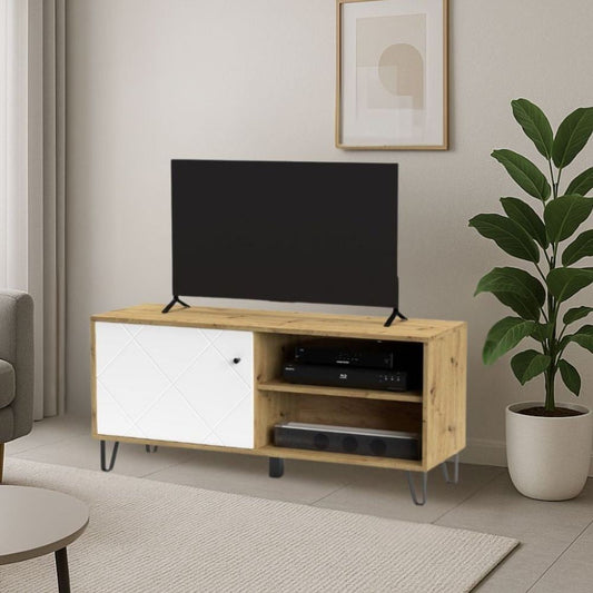 mobile porta tv bollo bo01 con due vani a giorno rovere e un'anta bianca con dettaglio geometrico, mobile porta TV moderno con ripiani e vani contenitori