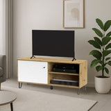 mobile porta tv bollo bo01 con due vani a giorno rovere e un'anta bianca con dettaglio geometrico, mobile porta TV moderno con ripiani e vani contenitori