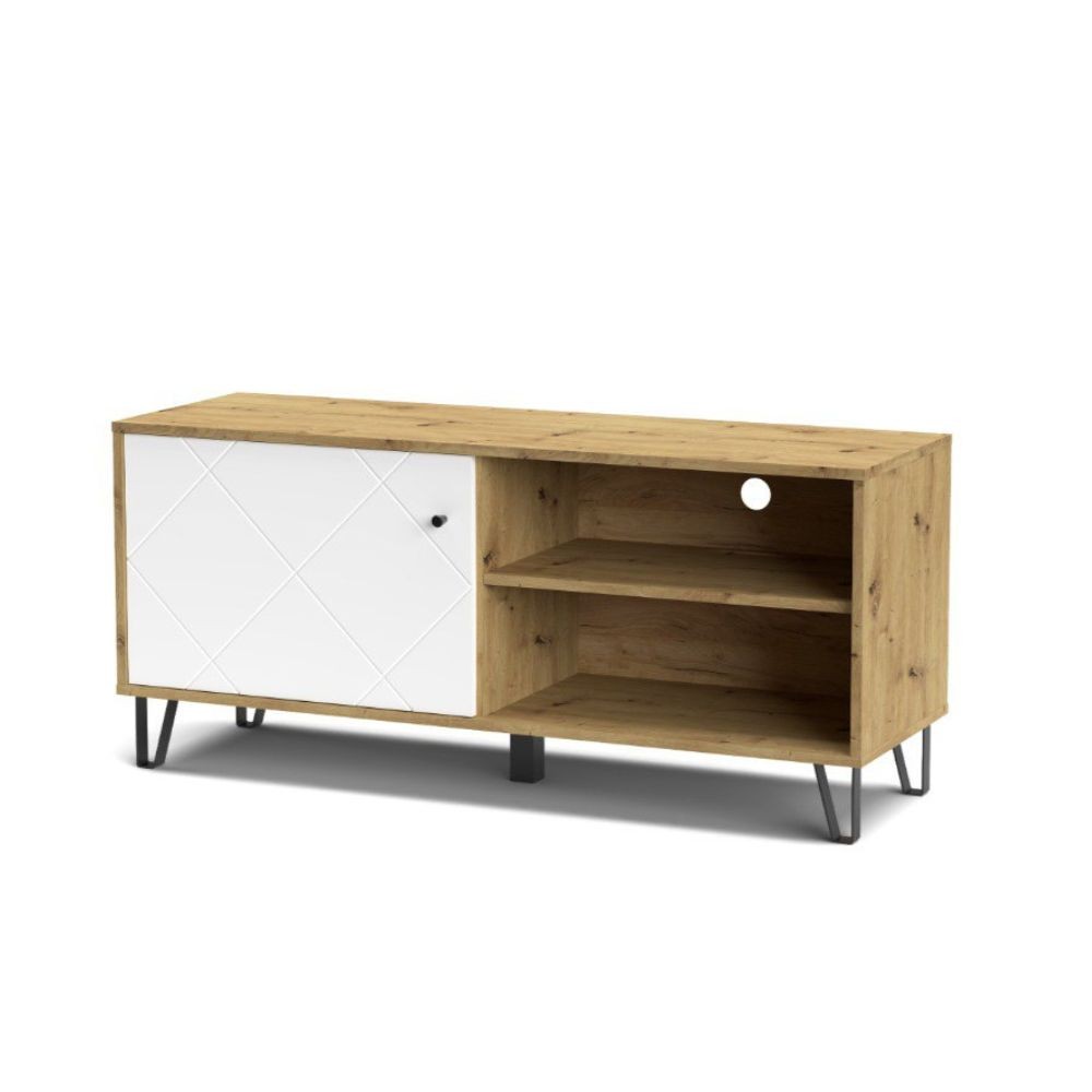 mobile porta tv bollo bo01 con due vani a giorno rovere e un'anta bianca con dettaglio geometrico, design elegante per integrare tecnologia e stile