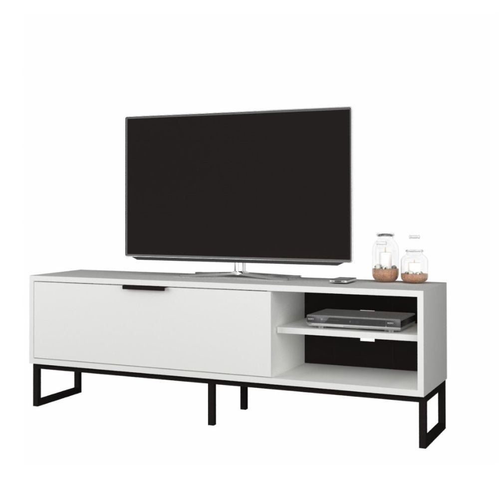 porta tv way bianco con dettagli ghisa, dettaglio delle ante e finiture in legno naturale