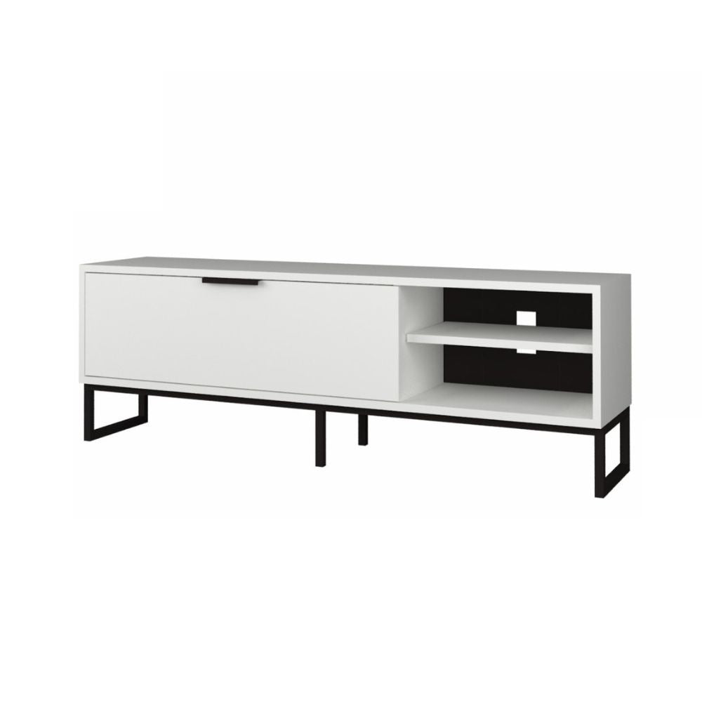 porta tv way bianco con dettagli ghisa, vista ambientata in soggiorno o zona living