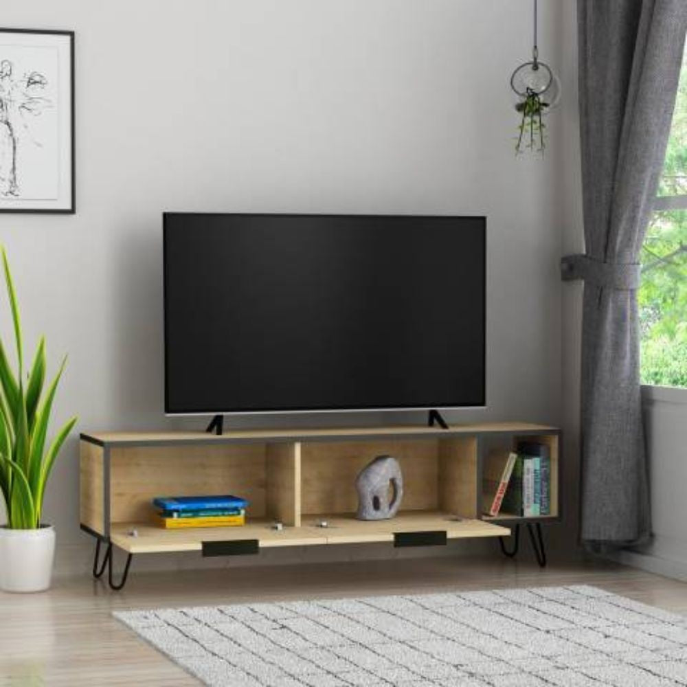 porta tv furoki colore rovere 150x50, dettaglio delle ante e finiture in legno naturale