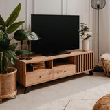 porta tv medan56a 2 cassetti e anta con vani a giorno rovere antracite, vista ambientata in soggiorno o zona living