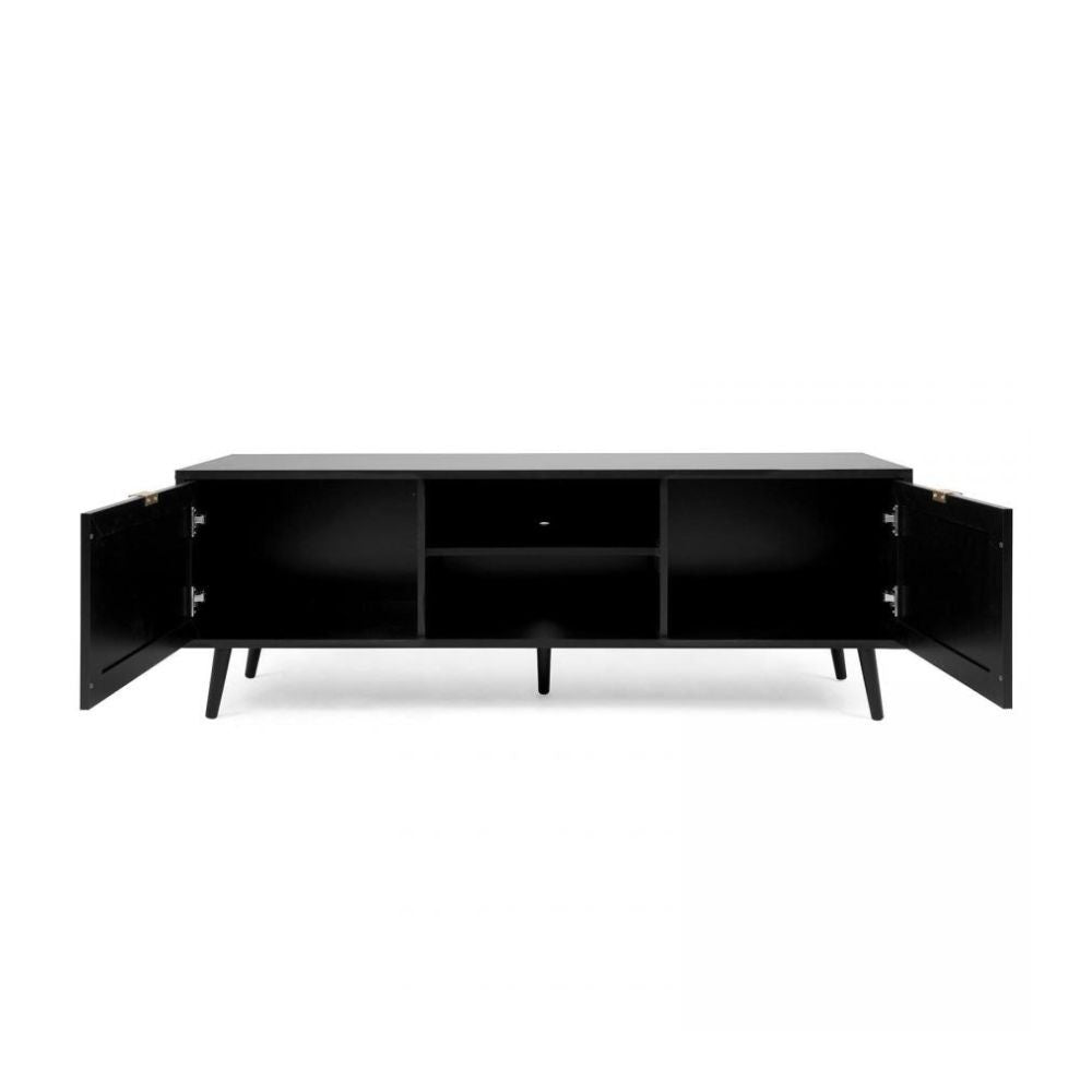 porta tv vienna56a 2 ante e vano a giorno nero con frontali effetto vimini, vista ambientata in soggiorno o zona living