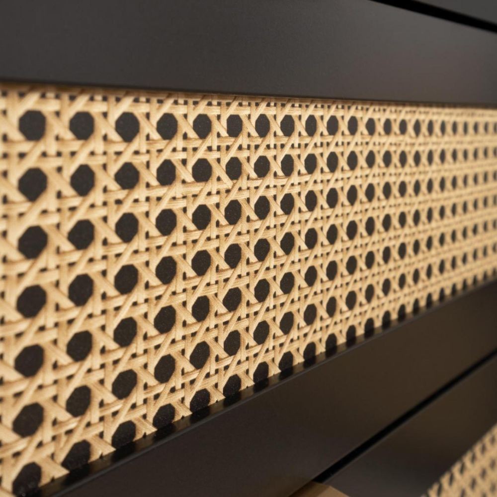 porta tv vienna56a 2 ante e vano a giorno nero con frontali effetto vimini, mobile basso con cassetti e fori passacavi