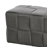 pouf den rettangolare effetto intrecciato colore grigio, dettaglio delle cuciture e materiali di rivestimento