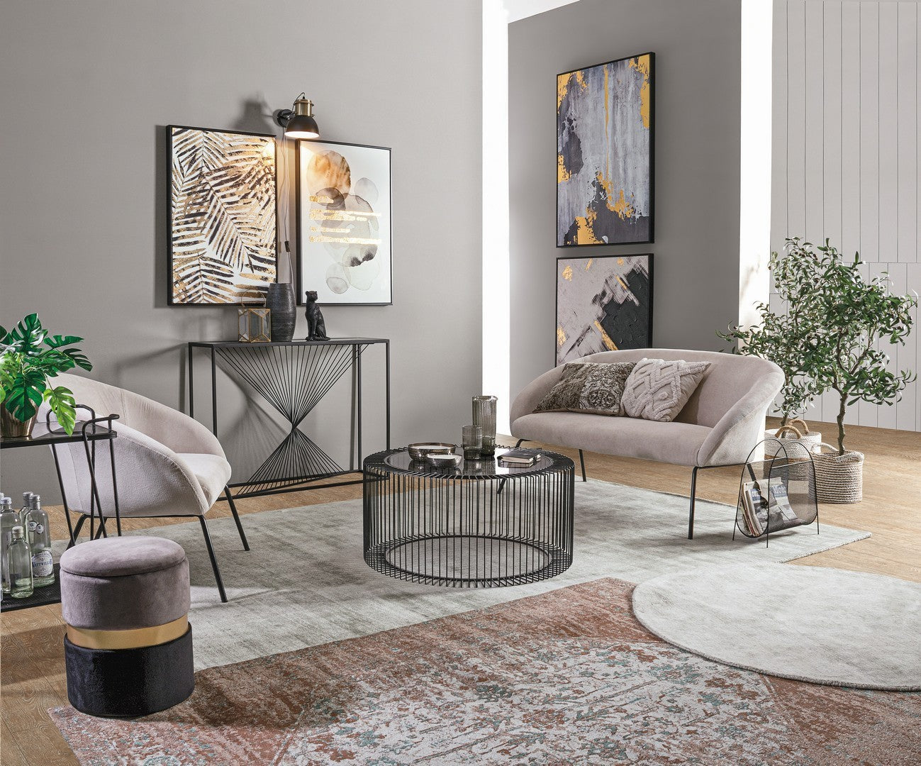 set di 2 pouf contenitore polina in velluto grigio-nero, pouf contenitore pratico per riporre oggetti e accessori