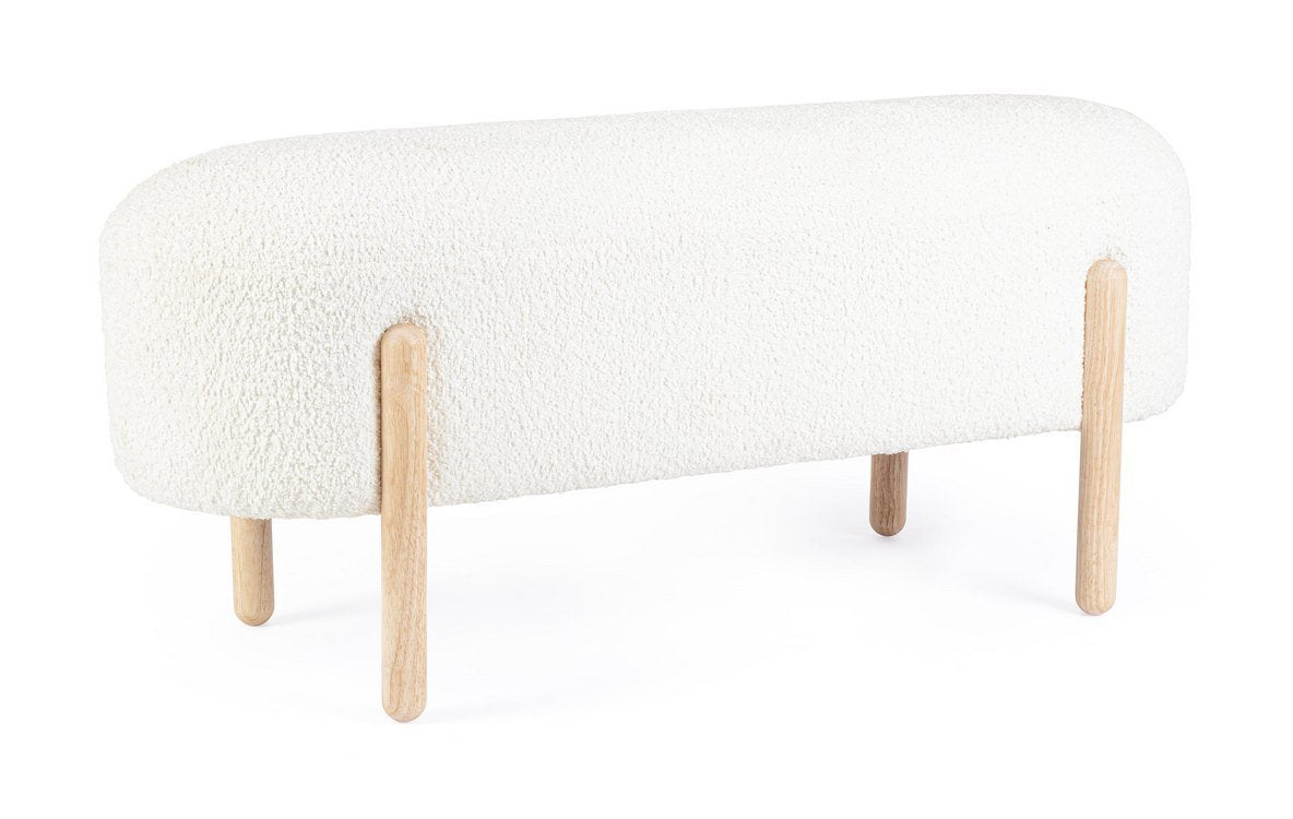 Panca DAYLA in tessuto effetto bouclé bianco e gambe in legno rubberwood