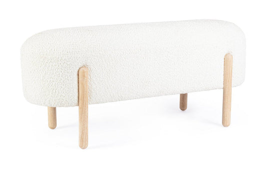 Panca DAYLA in tessuto effetto bouclé bianco e gambe in legno rubberwood