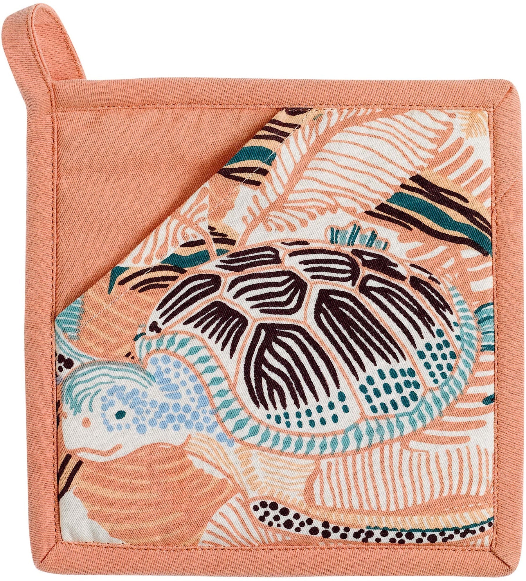 presina 2 in 1 riciclata dori pesca, colore pesca, taglia 20 x 20. presina da cucina su sfondo neutro per una visione chiara del prodotto