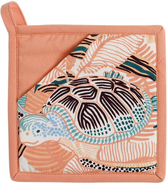 presina 2 in 1 riciclata dori pesca, colore pesca, taglia 20 x 20. presina da cucina su sfondo neutro per una visione chiara del prodotto