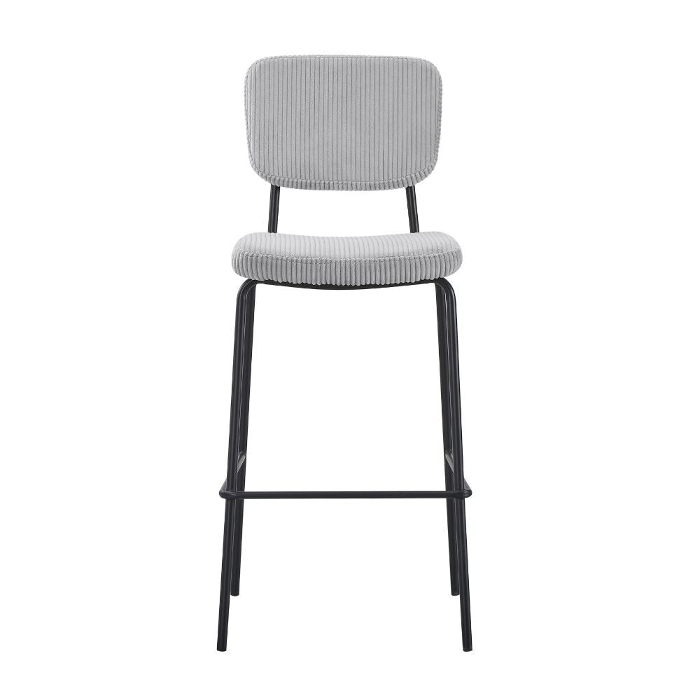 sgabello juno in tessuto colore grigio chiaro e struttura in metallo nero, complemento per la casa moderna e funzionale