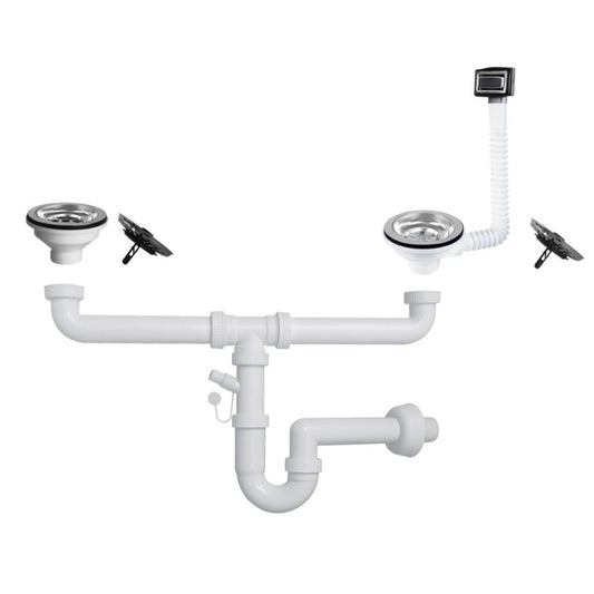 sifone a 2 vie per lavelli in quarzo con pilettone eco e troppopieno rettangolare con griglia inox, rubinetto visto frontalmente