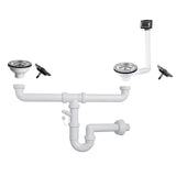 sifone a 2 vie per lavelli in quarzo con pilettone eco e troppopieno rettangolare con griglia inox, rubinetto visto frontalmente