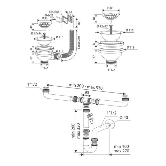 sifone a 2 vie per lavelli in quarzo con pilettone eco e troppopieno rettangolare con griglia inox, accessorio per cucina o bagno moderno