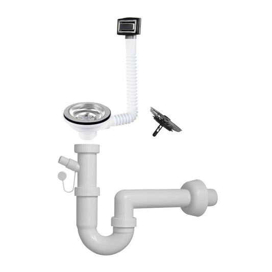 sifone a 1 via per lavelli in quarzo con pilettone eco e troppo pieno rettangole con griglia inox, rubinetto visto frontalmente