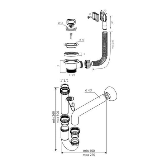 sifone 1 via con attacco lavastoviglie e piletta 2'', accessorio per cucina o bagno moderno