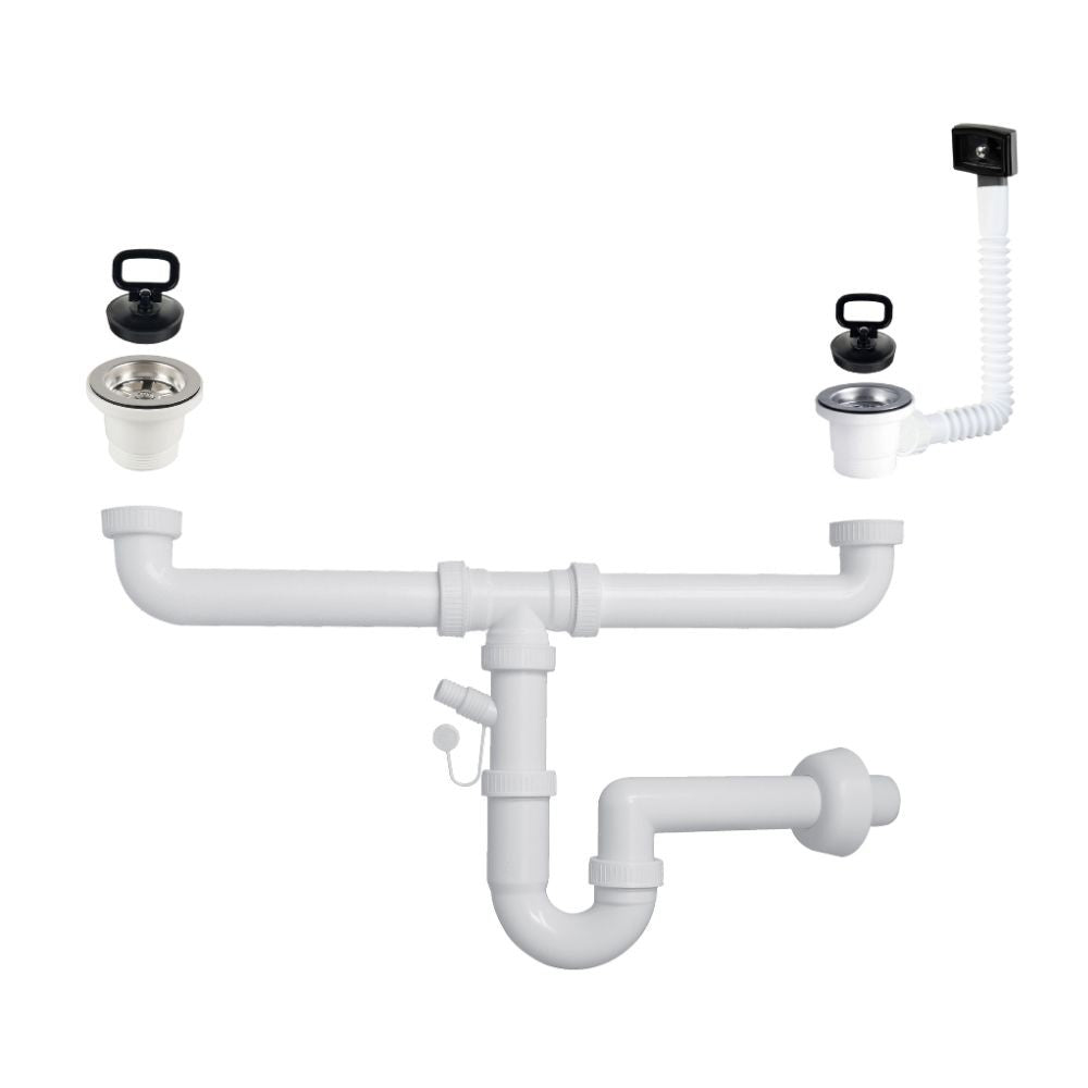 sifone a 2 vie con attacco lavastoviglie con piletta 2'', rubinetto visto frontalmente