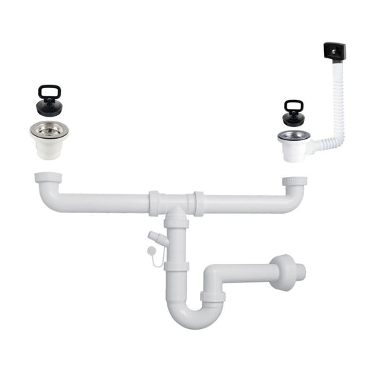 sifone a 2 vie con attacco lavastoviglie con piletta 2'', rubinetto visto frontalmente