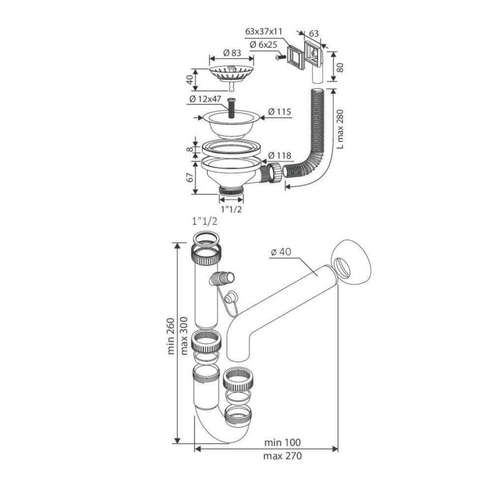 sifone per lavelli a 1 via con pilettone eco con attacco lavastoviglie, accessorio per cucina o bagno moderno