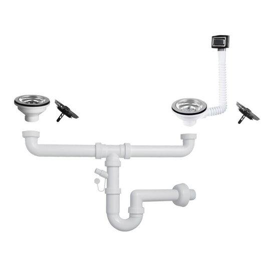 sifone per lavelli a 2 vie con pilettone eco con attacco lavastoviglie, rubinetto visto frontalmente