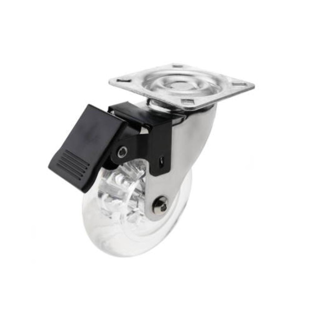 ruota fyunny pivotante trasparente diametro 75 con freno, ruote per mobili viste frontalmente