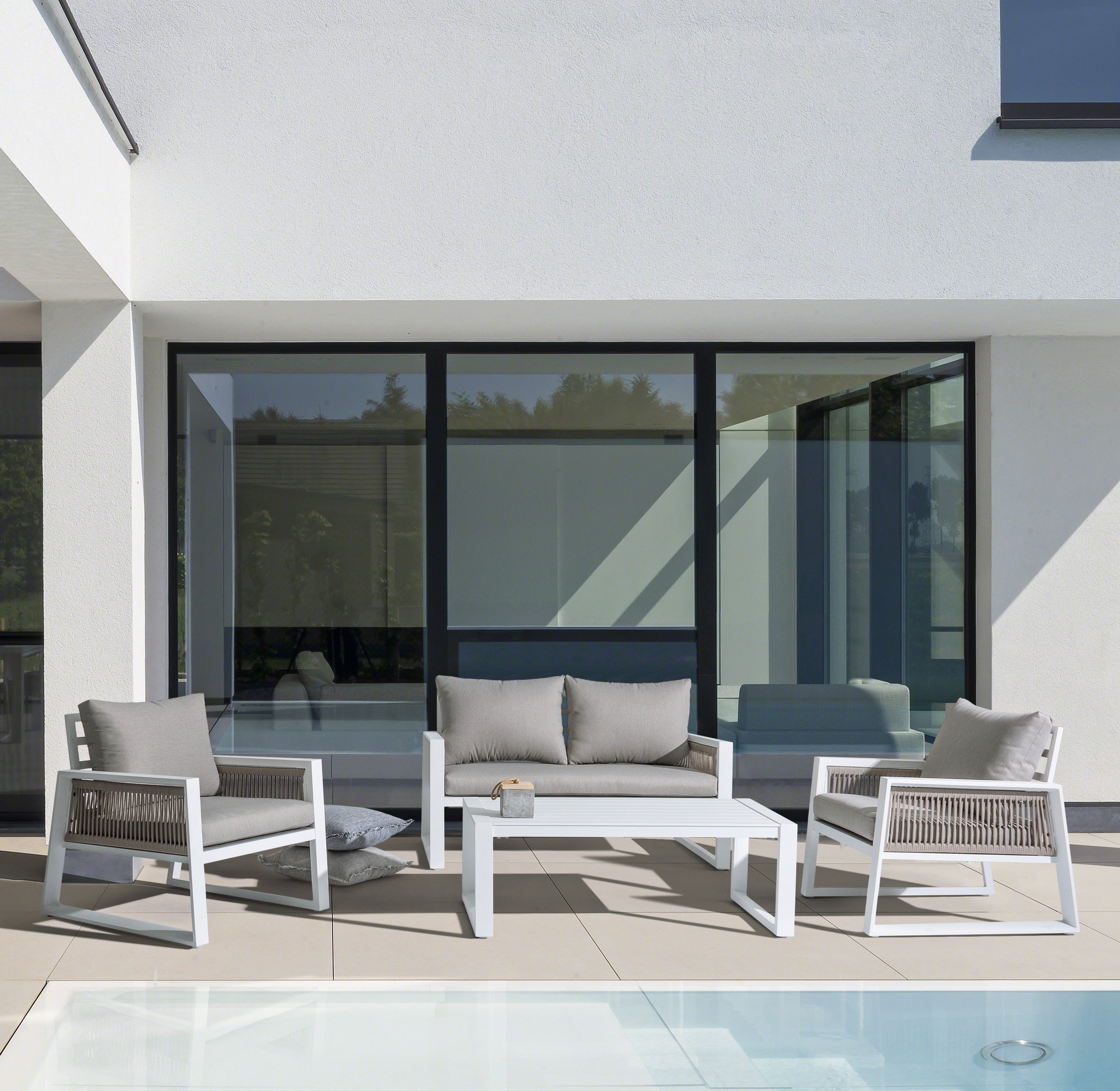 set salotto captiva con 1 divano, 2 poltrone e 1 tavolino in alluminio bianco textilene tortora, cuscini sfoderabili e...