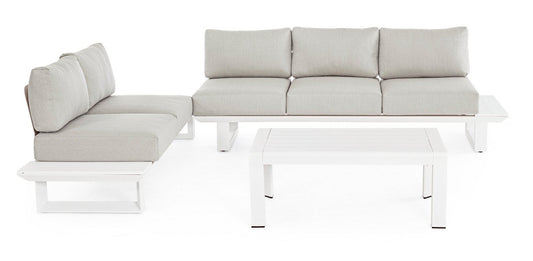 set salotto konnor con 2 divani e 1 tavolino in alluminio bianco, dettaglio dei materiali: rattan, legno o metallo trattato