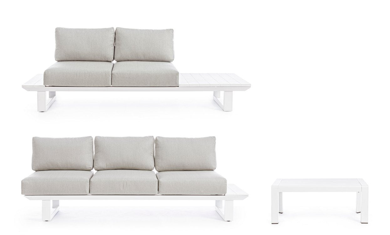 set salotto konnor con 2 divani e 1 tavolino in alluminio bianco, ambientazione in terrazza, patio o bordo piscina