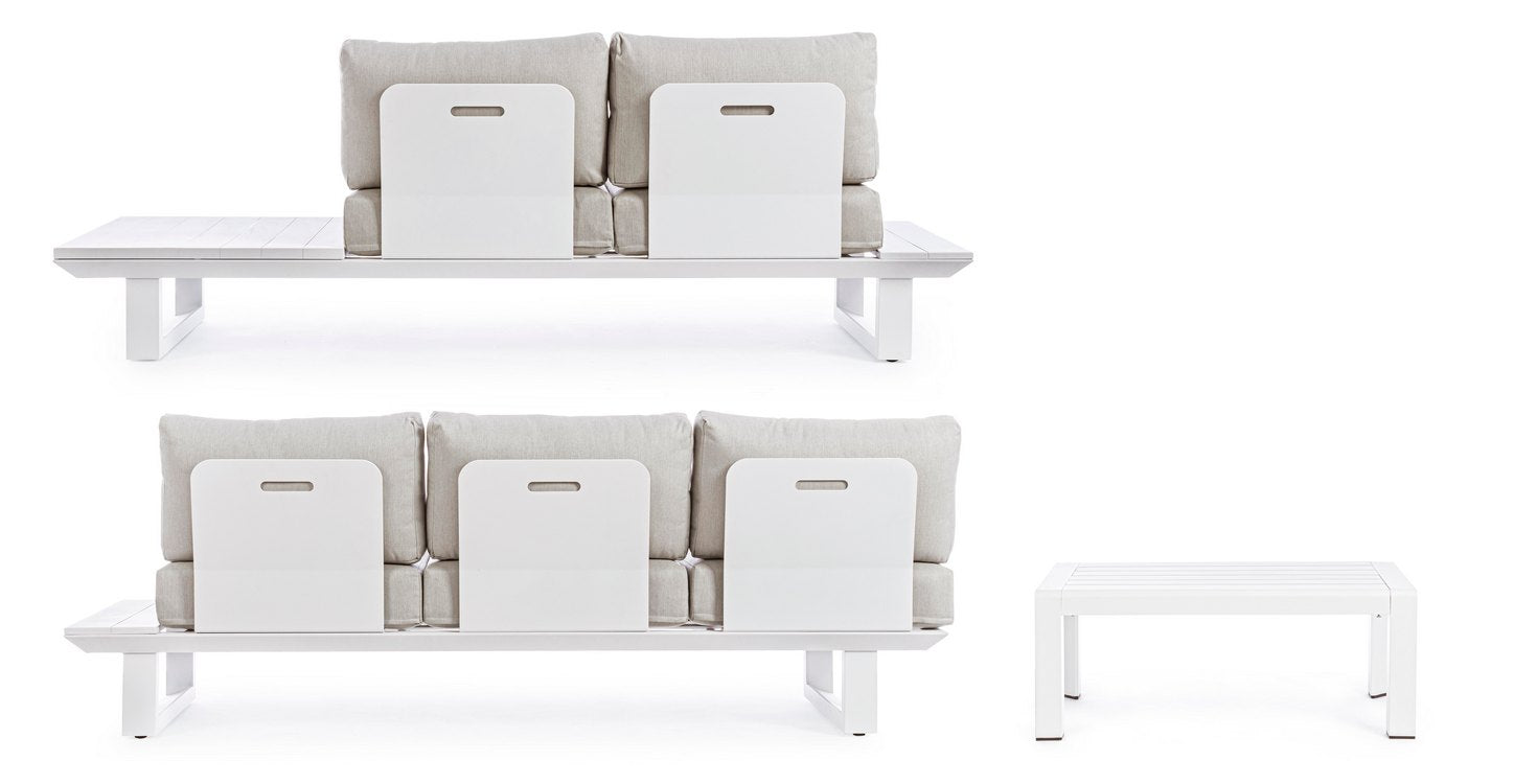 set salotto konnor con 2 divani e 1 tavolino in alluminio bianco, perfetto per momenti di relax all’aperto
