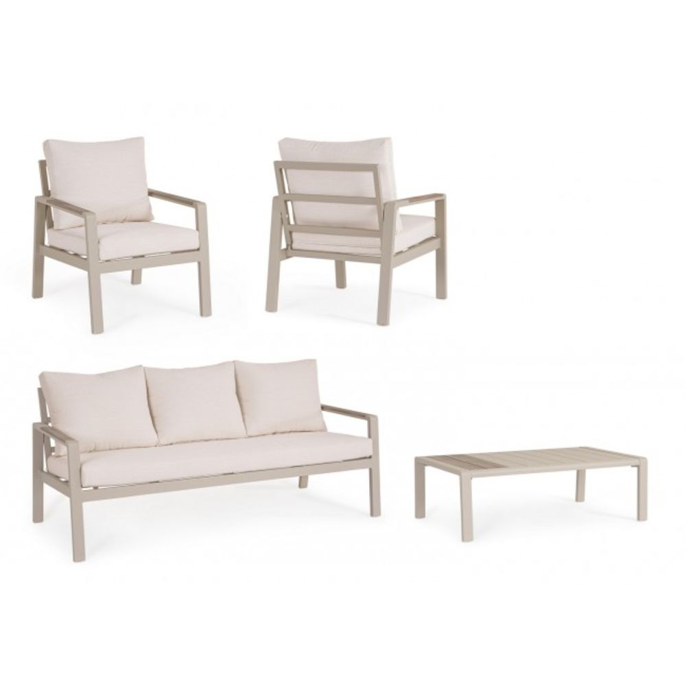 set salotto elna con 1 divano, 2 poltrone e 1 tavolino in alluminio tortora con inserti in polywood, dettaglio dei...