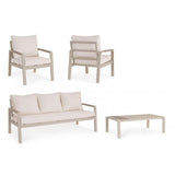 set salotto elna con 1 divano, 2 poltrone e 1 tavolino in alluminio tortora con inserti in polywood, dettaglio dei...