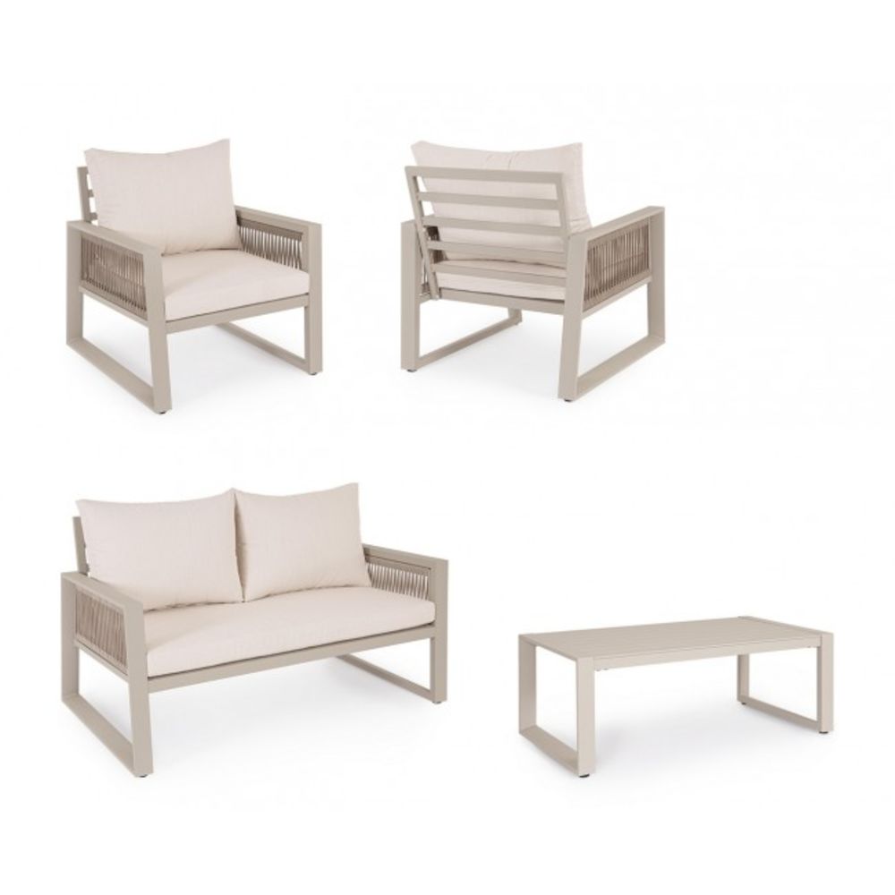 set salotto captiva con 1 divano, 2 poltrone e 1 tavolino in alluminio tortora e textilene tortora, dettaglio dei materiali:...