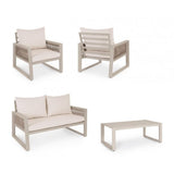 set salotto captiva con 1 divano, 2 poltrone e 1 tavolino in alluminio tortora e textilene tortora, dettaglio dei materiali:...