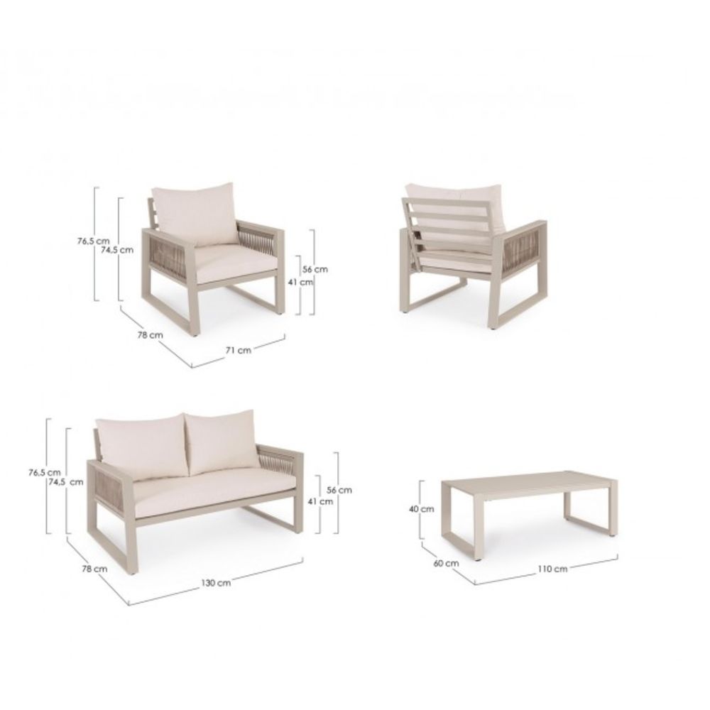 set salotto captiva con 1 divano, 2 poltrone e 1 tavolino in alluminio tortora e textilene tortora, ambientazione in...