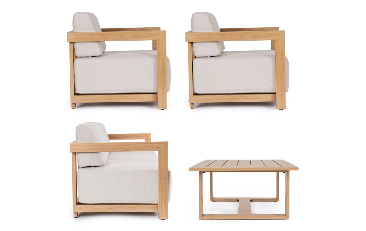 set salotto theseus con 1 divano, 2 poltrone e 1 tavolino in alluminio effetto legno, ambientazione in terrazza, patio o...