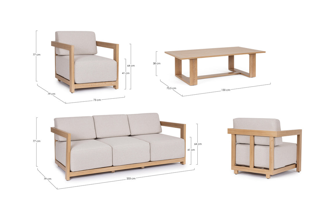 set salotto theseus con 1 divano, 2 poltrone e 1 tavolino in alluminio effetto legno, perfetto per momenti di relax...