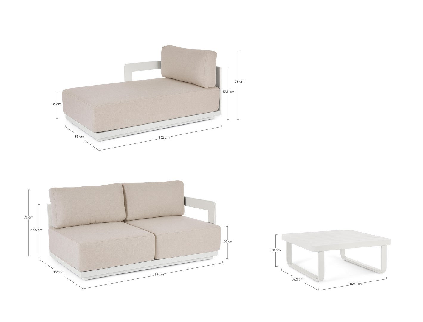 set salotto mariel con divano a 2 posti, chaise longue e tavolino, dettaglio dei materiali: rattan, legno o metallo trattato