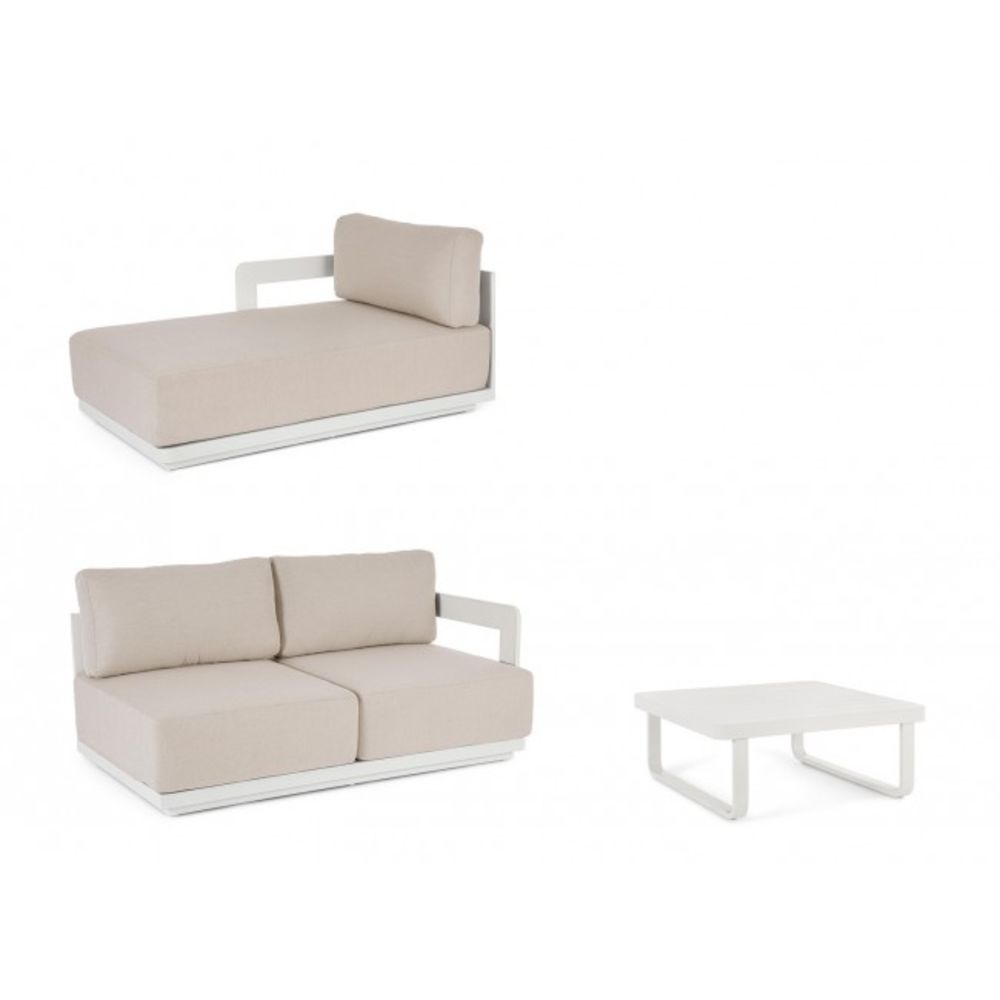 set salotto mariel con divano a 2 posti, chaise longue e tavolino, ambientazione in terrazza, patio o bordo piscina