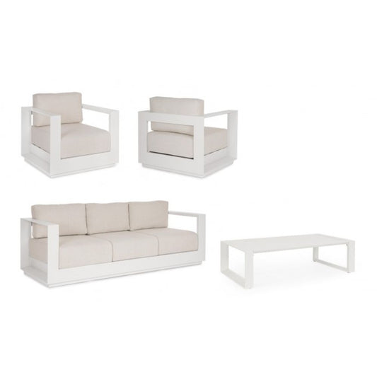 set salotto moses con 1 divano, 2 poltrone e 1 tavolino in alluminio bianco panna, dettaglio dei materiali: rattan, legno o...