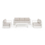 set salotto moses con 1 divano, 2 poltrone e 1 tavolino in alluminio bianco panna, perfetto per momenti di relax all’aperto