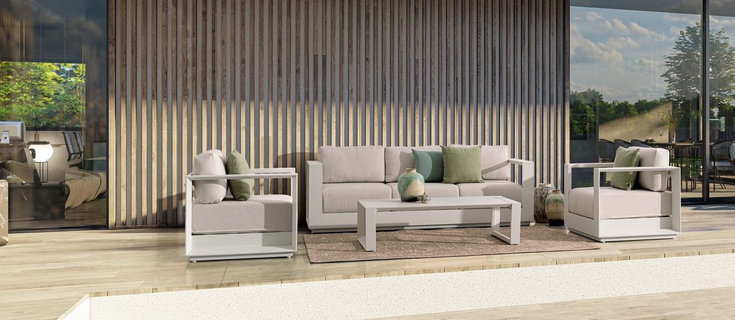 set salotto moses con 1 divano, 2 poltrone e 1 tavolino in alluminio bianco panna, cuscini sfoderabili e resistenti agli...