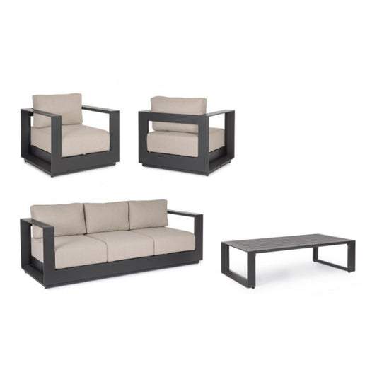 set salotto moses con 1 divano, 2 poltrone e 1 tavolino in alluminio antracite e beige, dettaglio dei materiali: rattan,...