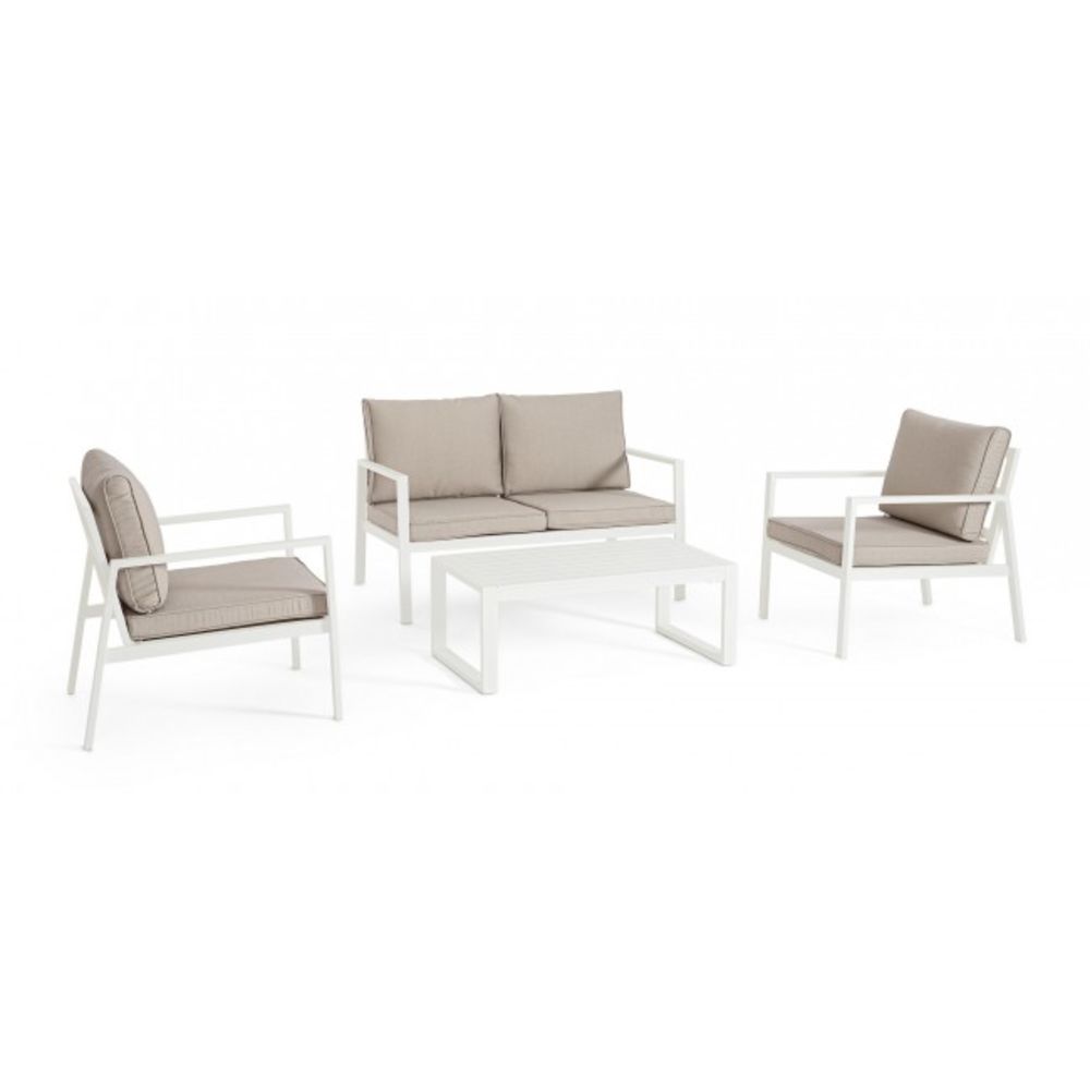 set salotto hilde con 1 divano, 2 poltroncine e 1 tavolino in alluminio bianco, con cuscini, salotto da giardino completo...