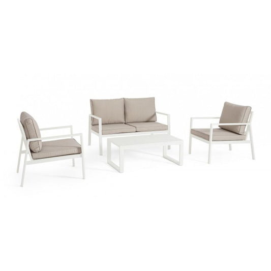 set salotto hilde con 1 divano, 2 poltroncine e 1 tavolino in alluminio bianco, con cuscini, salotto da giardino completo...